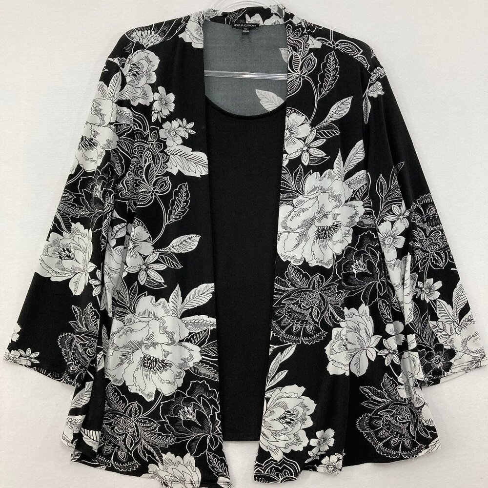 Ava & Grace XL Black White Floral Stretch Knit 3/4 Sleeve Two-layer Top Office